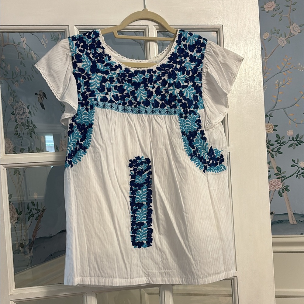 White and Blue Embroidered Cap Sleeve Blouse